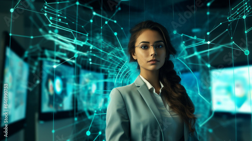 Future-Ready Businesswoman Engages with AI Chat Assistant in Virtual Command Center