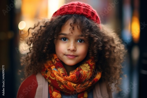 Portrait of a cute curly-haired girl in a red hat and scarf.