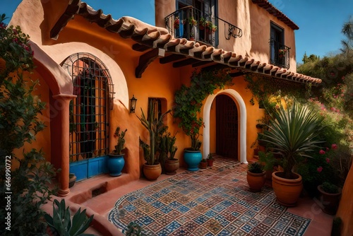 Spanish-style adobe house with arched doorways and colorful tiles - AI Generative