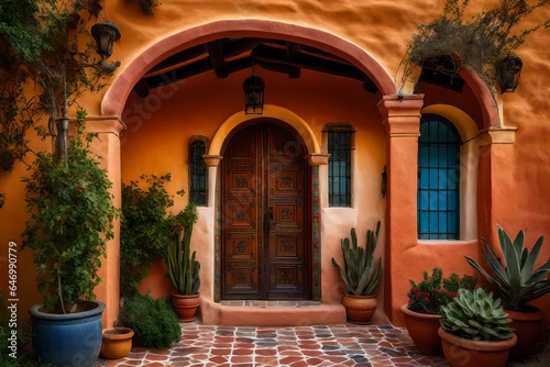 Spanish-style adobe house with arched doorways and colorful tiles - AI Generative © Being Imaginative