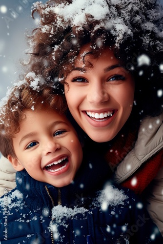 Latin American mother enjoying snow falling with her little son. Close up shot