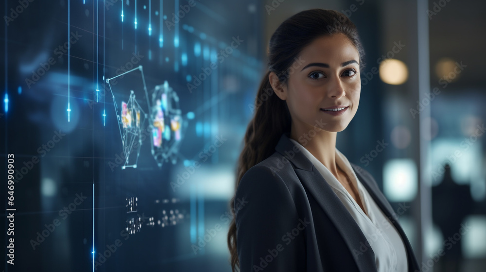 Naklejka premium Virtual Consultation with AI Chat Assistant: A Female Executive Navigating Business Decisions in Futuristic Tech Space