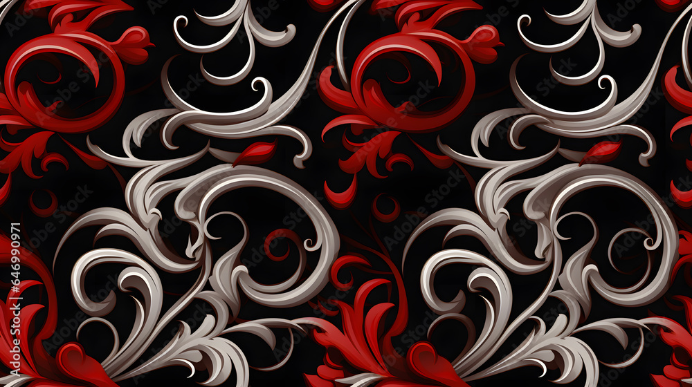 Seamless Tile, Red and White Scrollwork Decoration, Repeating Pattern - Generative AI Seamless Tile, Red and White Scrollwork Decoration, Repeating Pattern - Generative AI