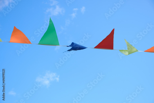 Multicolored flags on a blue sky background