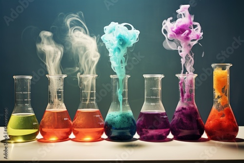 Vibrant Colorful beakers chemicals tool. Generate Ai
