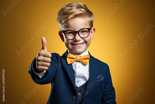 smiling schoolboy wearing school uniform show thumb up finger on yellow background. Back to school