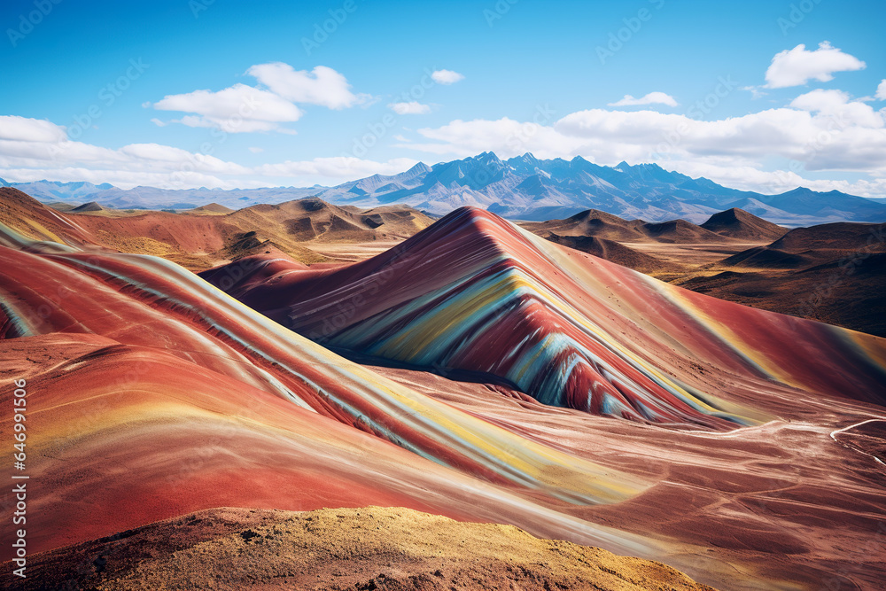 Mountain of Seven Colors known as Vinicunca or Rainbow. Mountain of rainbows that reflect a mesmerizing spectrum of colors. Impressive visual spectacle of nature. - obrazy, fototapety, plakaty 
