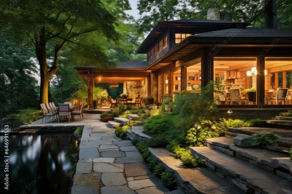 Obraz premium Inviting Beautiful backyard exterior small house. Generate Ai