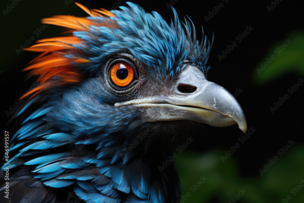 Fototapeta premium Fantastic bird portrait, raven with red eyes and colorful feathers, close up