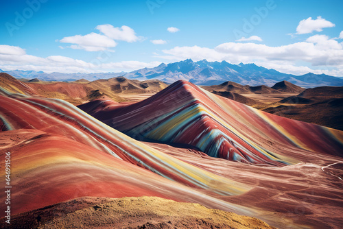 Mountain of Seven Colors known as Vinicunca or Rainbow. Mountain of rainbows that reflect a mesmerizing spectrum of colors. Impressive visual spectacle of nature. photo