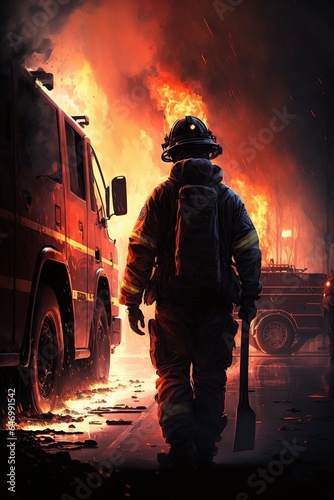 image fireman at work fire truck background