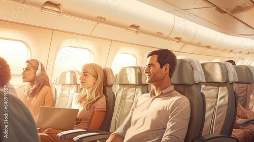 Portrait of an airplane passenger in front of the porthole at sunset