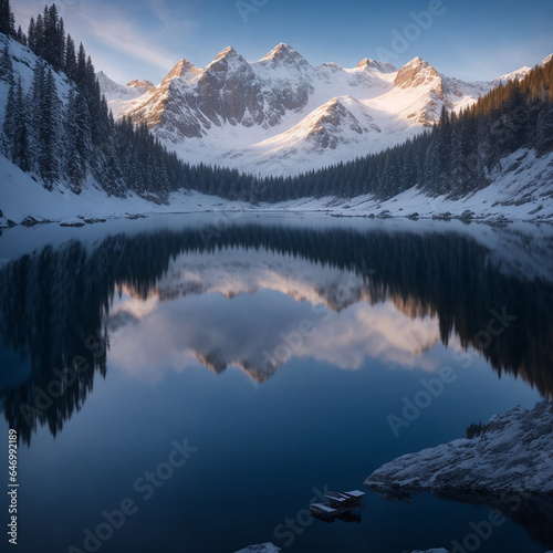 Tranquil and picturesque alpine lake nestled at the base of snow-capped mountains - AI Generative