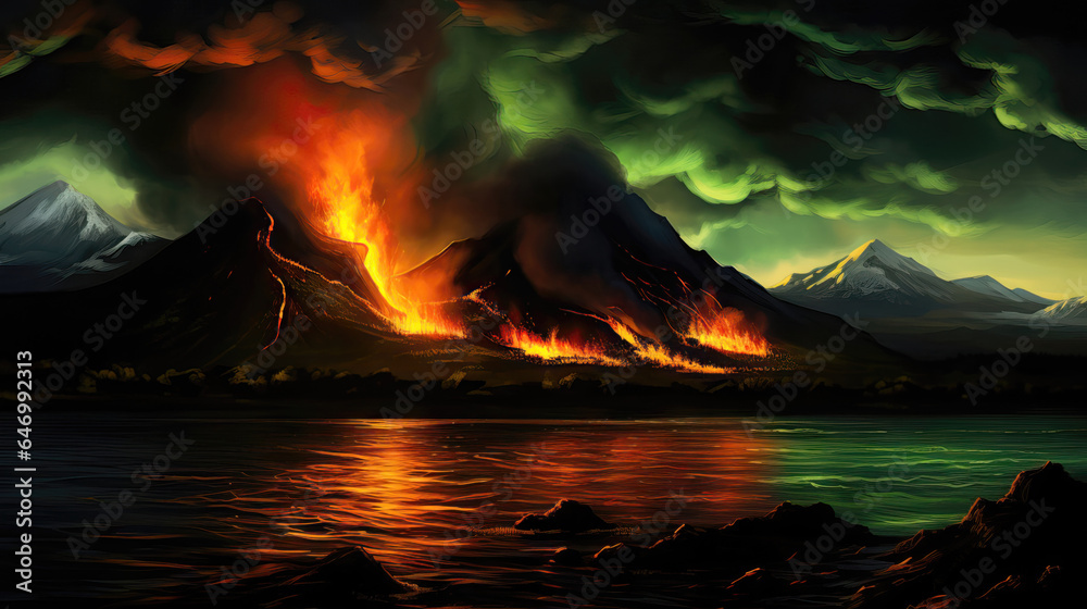 Volcanic eruption. Fantasy landscape with a volcano