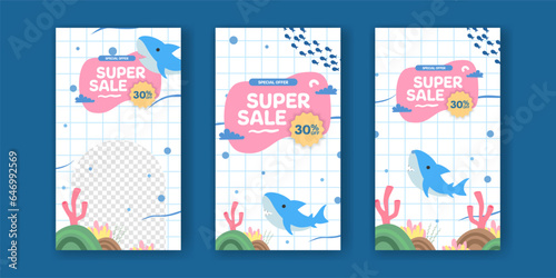 Super sale offer banner promotion social media stories post with sea ocean natural fish and shark with coral