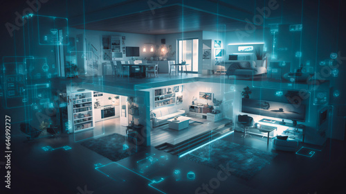 the concept of the Internet of Things with an image of a smart home, featuring various connected devices and appliances AI	
