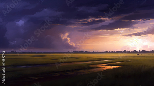 Rice field at sunset in the evening, digital painting style
