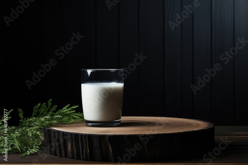 black podium close shot black wood backg studio with glass of milk