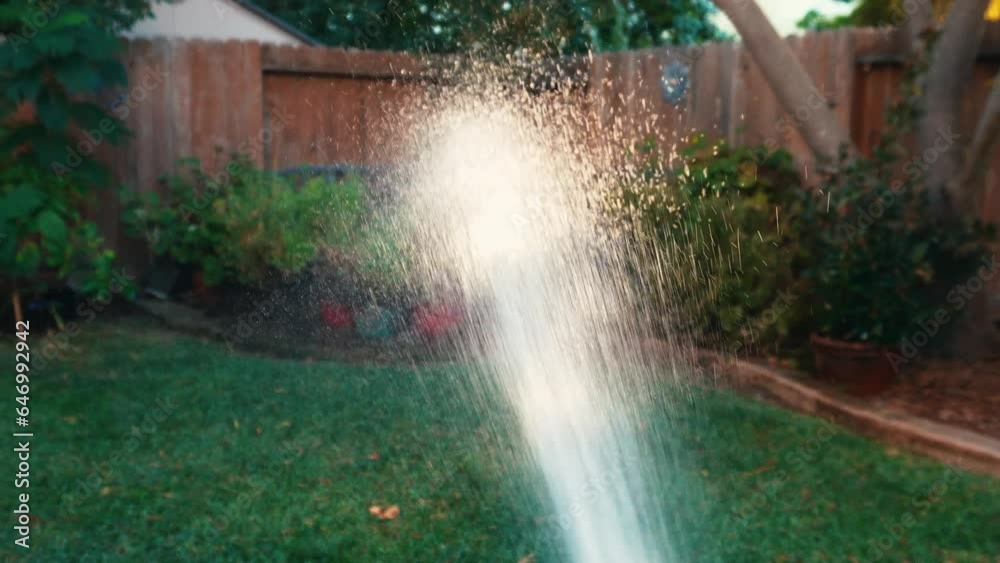 Watering backyard with hose spraying water in slow motion in the later evening Watering backyard with hose spraying water in slow motion in the later evening