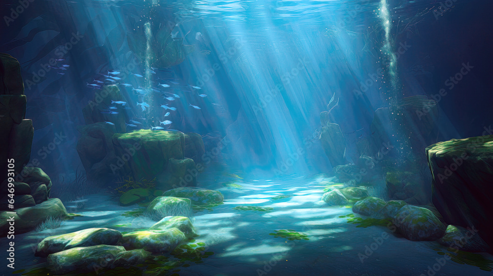 Underwater scene with sun rays shining through the water Underwater scene with sun rays shining through the water