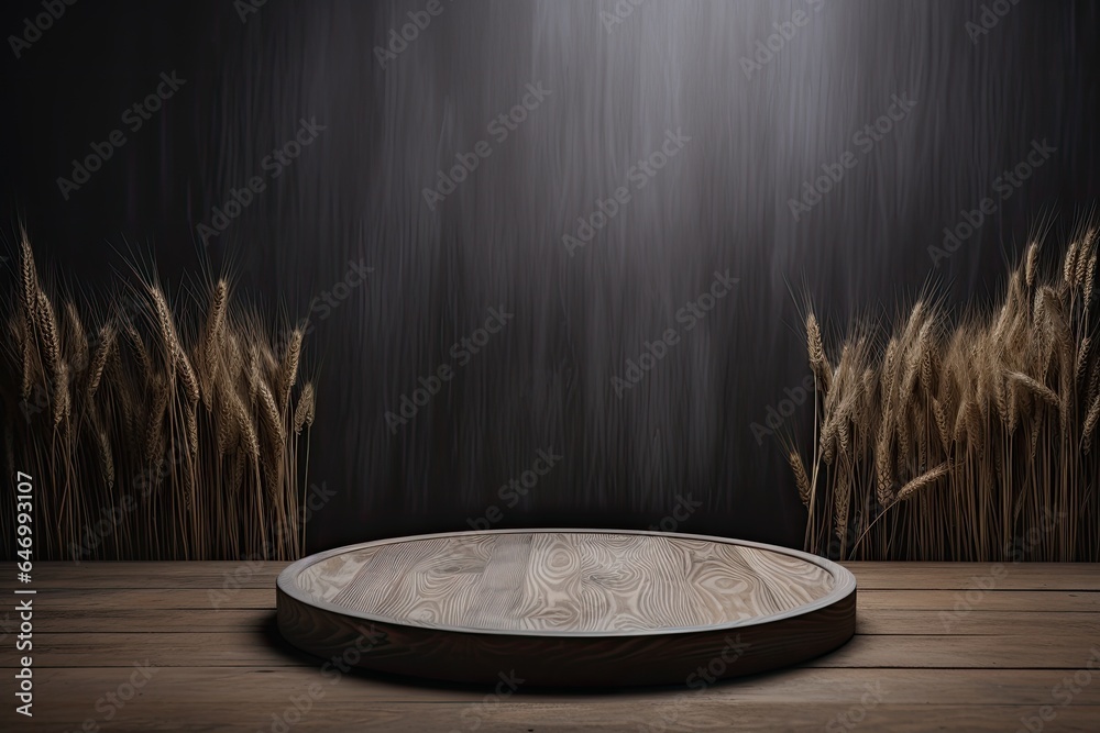 grey podium close shot wood backg studio with Wheat - obrazy, fototapety, plakaty 