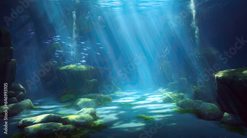 Underwater scene with sun rays shining through the water