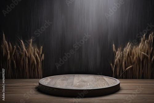 grey podium close shot wood backg studio with Wheat