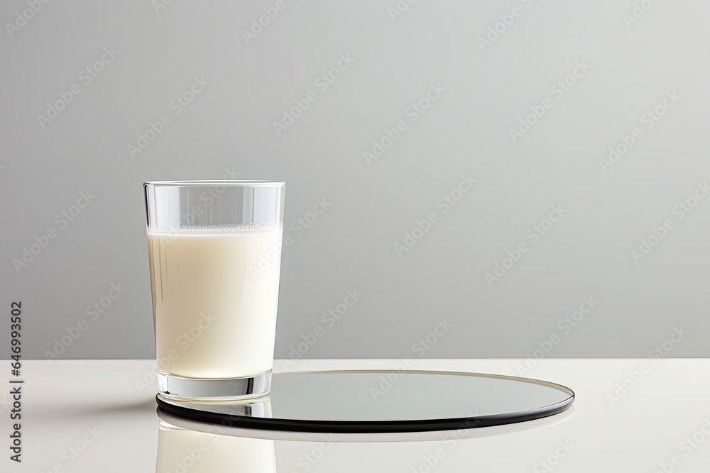 white podium close shot white backg studio with glass of milk white podium close shot white backg studio with glass of milk