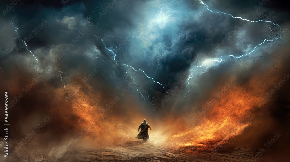 Man walking in a thunderstorm - obrazy, fototapety, plakaty 