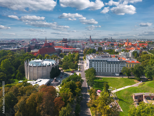 Aerial panorama of Wroclaw from Juliusz Słowacki Park with a landmark panorama museum of the Battle of Racławice in the foreground