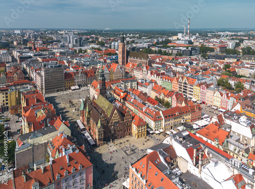 Aerial view of the Old Market square in Wrocław, Poland (Wrocławski Rynek). Panoramic cityscape on a sunny summer day