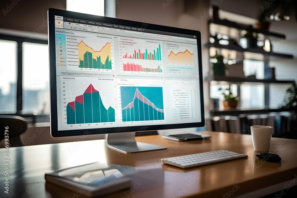 Desktop computer screen in business office with data, graphs, and statistics. Desktop computer screen in business office with data, graphs, and statistics.