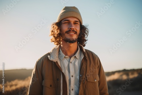 Portrait of a handsome man with curly hair wearing a warm hat and coat standing in a field at sunset © Inigo
