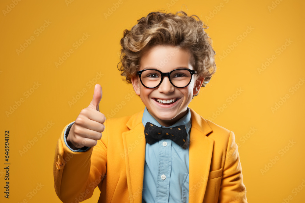 smiling schoolboy wearing school uniform show thumb up finger on yellow background. Back to school
