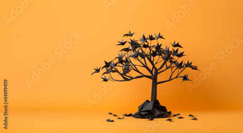 Halloween Themed Paper Origami Tree with Bats Against an Orange Background Banner with Copyspace