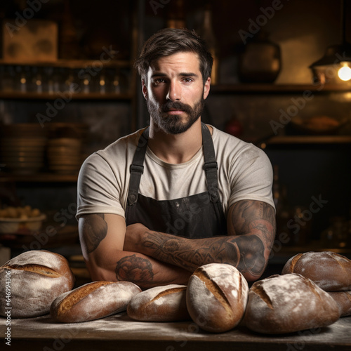 Fotografia de atractivo chico con tatuajes y panadero de profesion, con varios panes y tonos de luz calida