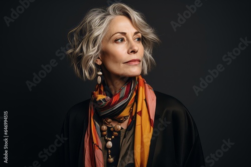 Portrait of beautiful middle aged woman in scarf on black background.