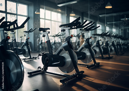 Stationary Bikes equipment in gym photography 8k