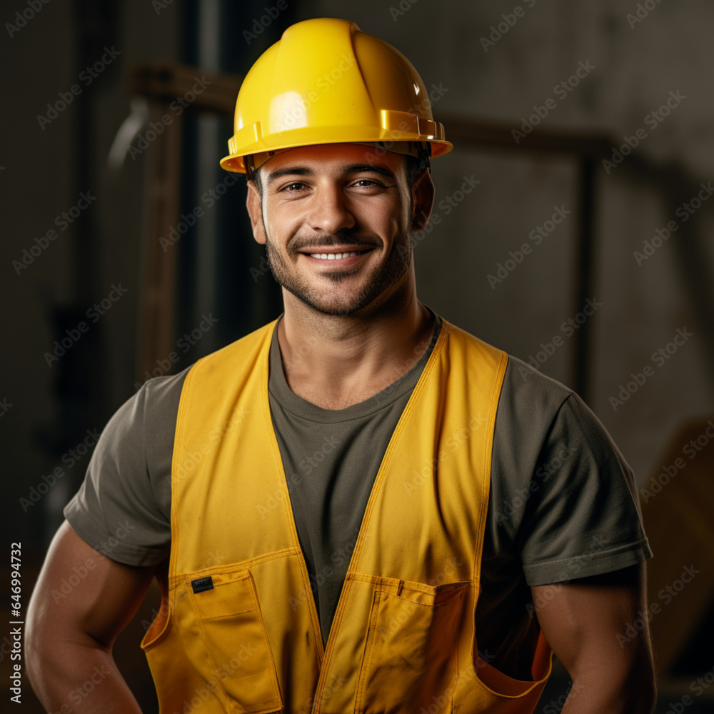 Fotografia con hombre sonriente vestido con ropa de trabajo, chaleco y casco de seguridad de color amarillo Fotografia con hombre sonriente vestido con ropa de trabajo, chaleco y casco de seguridad de color amarillo