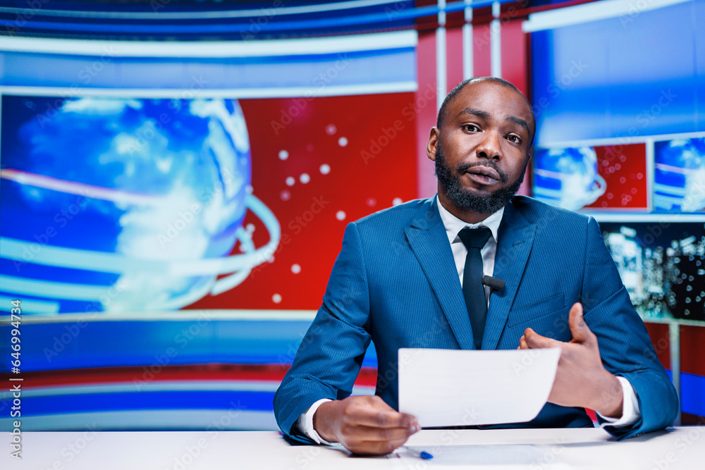 Presenter delivering news from papers headlines, reporting exclusive information about latest events worldwide. African american news anchor transmitting details about business or politics. Presenter delivering news from papers headlines, reporting exclusive information about latest events worldwide. African american news anchor transmitting details about business or politics.