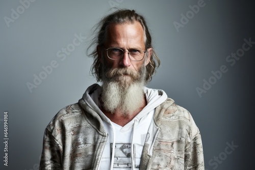 Portrait of a senior man with long white beard and glasses. Studio shot.