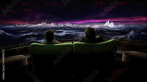 couple sitting on a ship and looking at at an arctic landscape at night