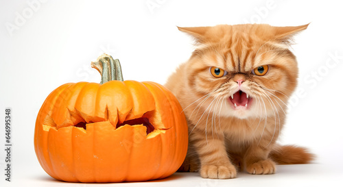 Angry ginger cat with Halloween pumpkin carved, isolated on white background. Kitten and pumpkin on white. Halloween holidays. Autumn season. October. Autumn mood. digital ai  © Viks_jin