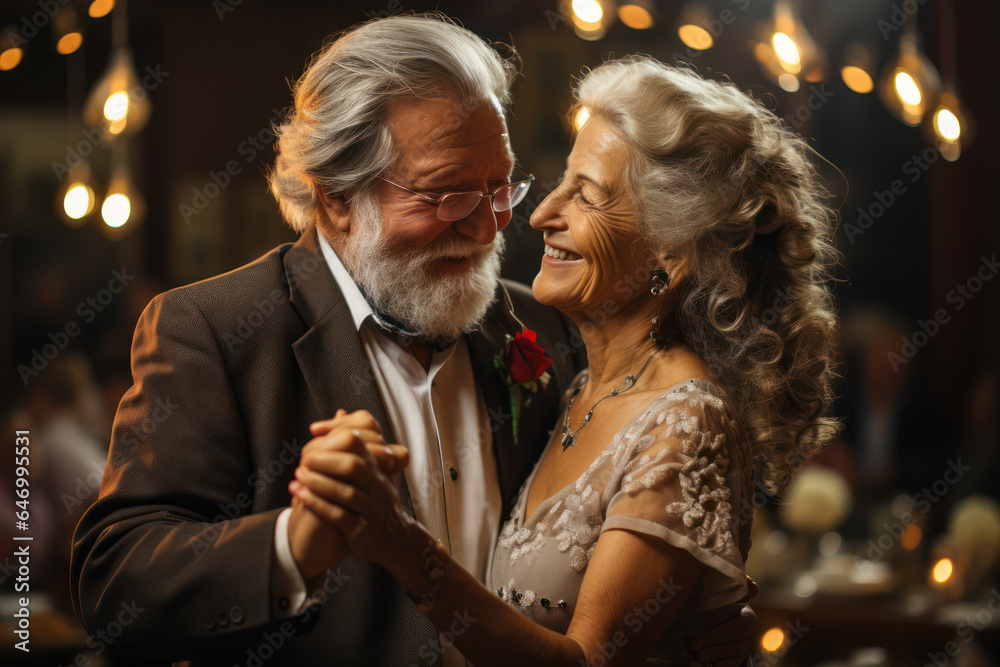 Timeless Love. Elderly couple dancing at a wedding, representing the enduring romance in senior life. Generative Ai.