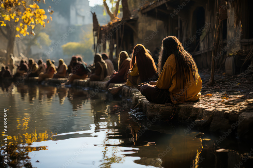 Pilgrimage Reflections. Travelers resting during a pilgrimage journey, embodying the personal growth and reflection in the culture of faith. Generative Ai. Pilgrimage Reflections. Travelers resting during a pilgrimage journey, embodying the personal growth and reflection in the culture of faith. Generative Ai.