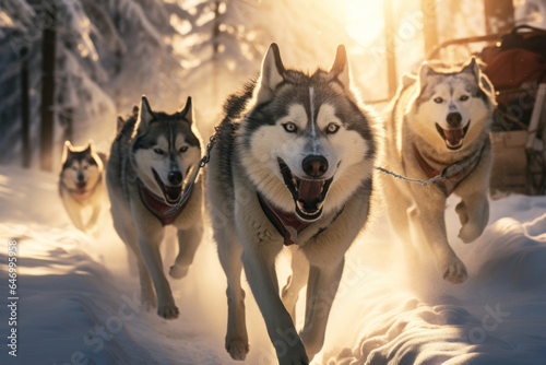 A person enjoys the rush of dog sledding  steering a team of enthusiastic huskies through a snow-covered trail. Generative Ai.