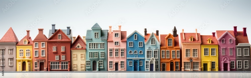 A row of colorful retro houses on white background. Houses isolated on white background.