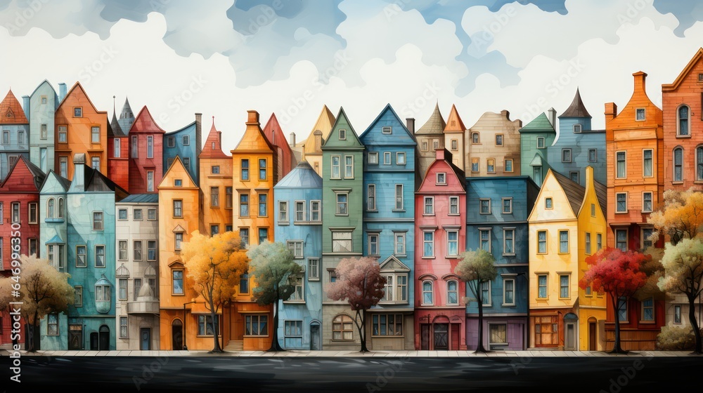 City background with rows of colorful houses.  - obrazy, fototapety, plakaty 