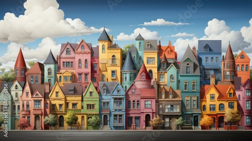City background with rows of colorful houses. 