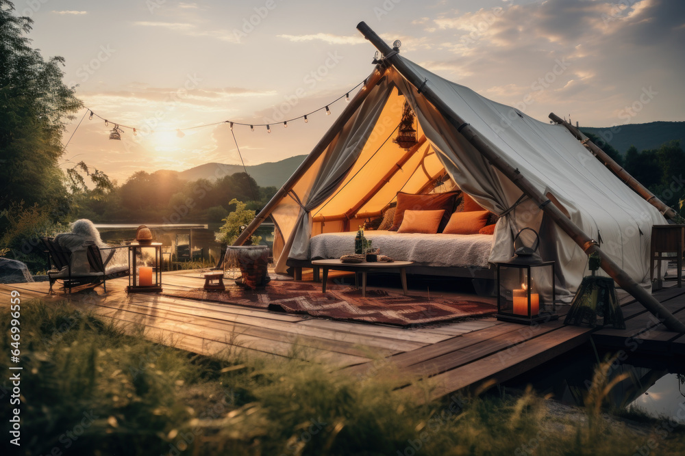 Obraz premium A luxurious glamping tent is surrounded by stunning natural scenery, offering a comfortable and stylish alternative to traditional camping. Generative Ai.
